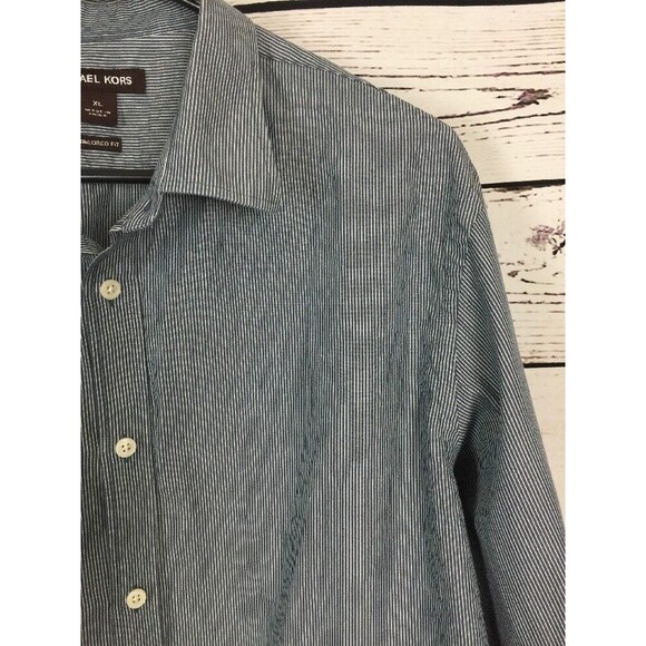 Michael Kors Dress Shirt XL Slate Blue White Pinstripe Long Sleeve Button Down - Picture 4 of 12